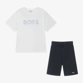 Boss Boys White & Blue Cotton Shorts Set