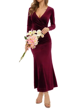 Burgundy Women's V Neck Wrap Long Sleeve Elegant Mermaid Velvet Cocktail Maxi Dress Evening Party - ZABERRY