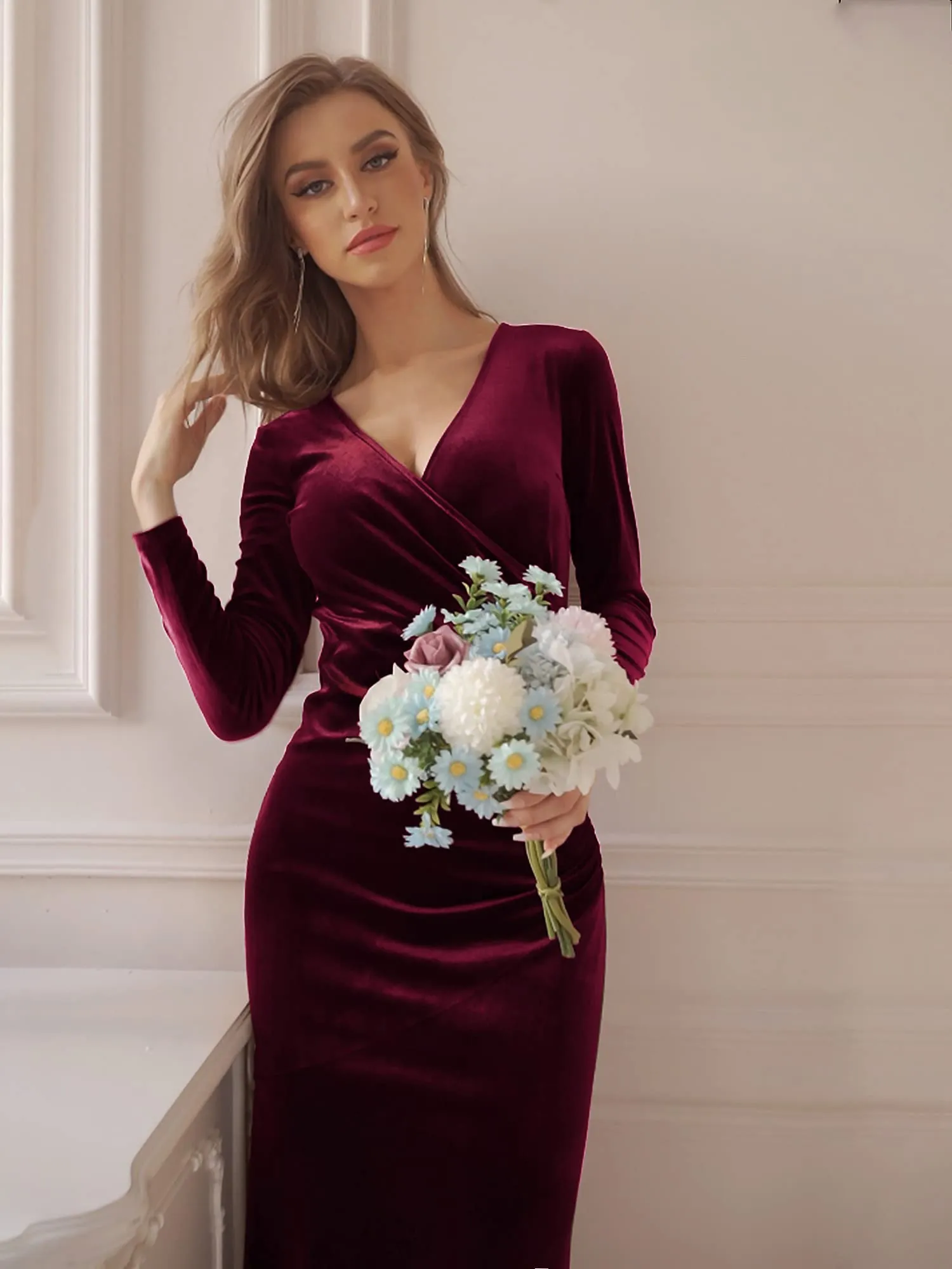 Burgundy Women's V Neck Wrap Long Sleeve Elegant Mermaid Velvet Cocktail Maxi Dress Evening Party - ZABERRY