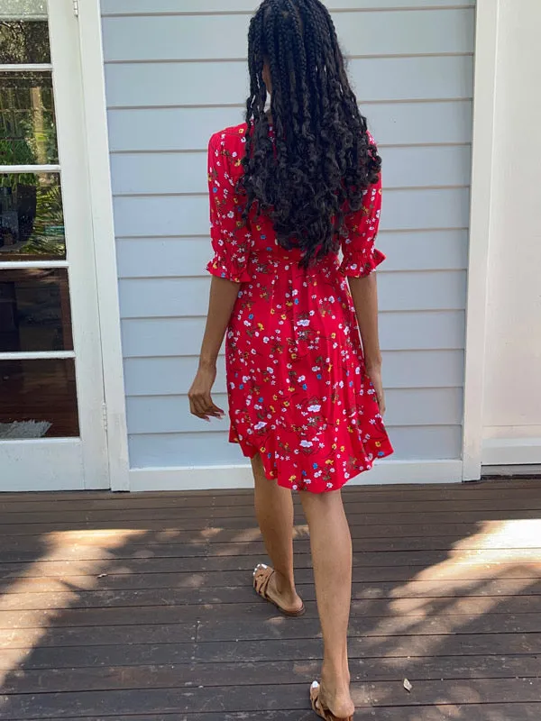 Cara Red Floral Short Wrap Dress