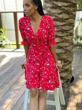 Cara Red Floral Short Wrap Dress