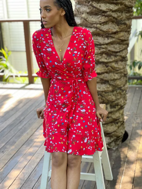 Cara Red Floral Short Wrap Dress