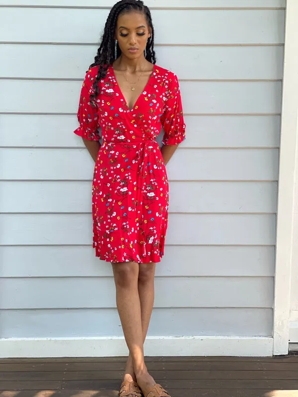 Cara Red Floral Short Wrap Dress
