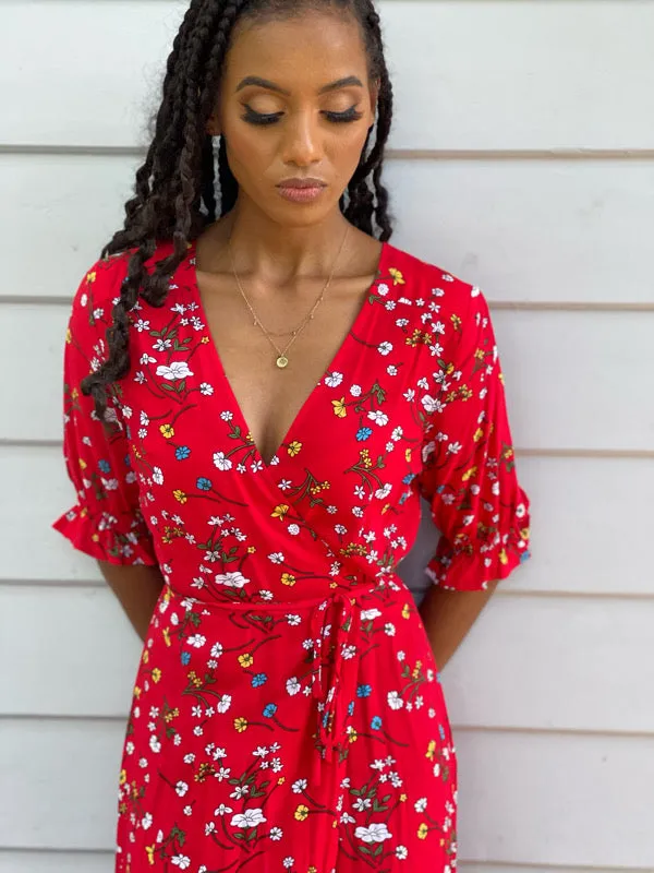 Cara Red Floral Short Wrap Dress