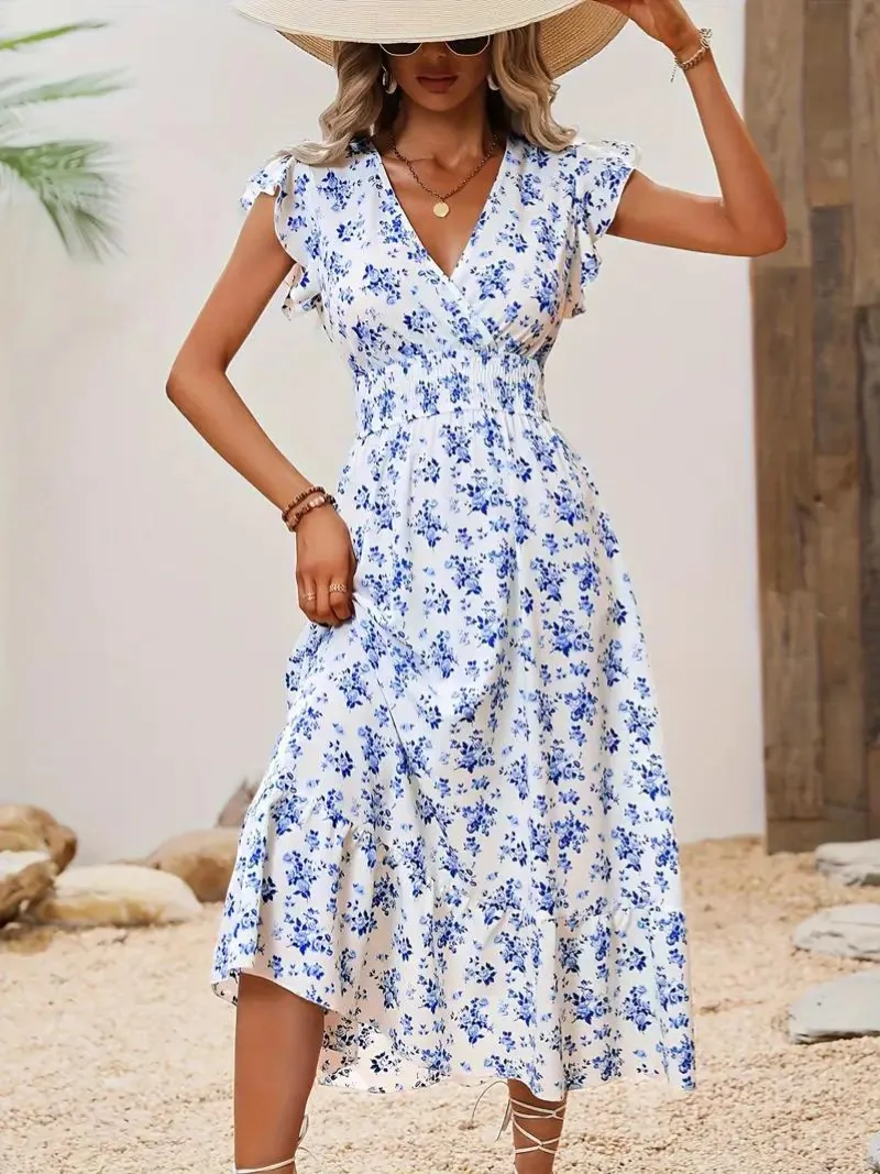 Cassia Midi Floral Dress with Shirred Waist for Summer