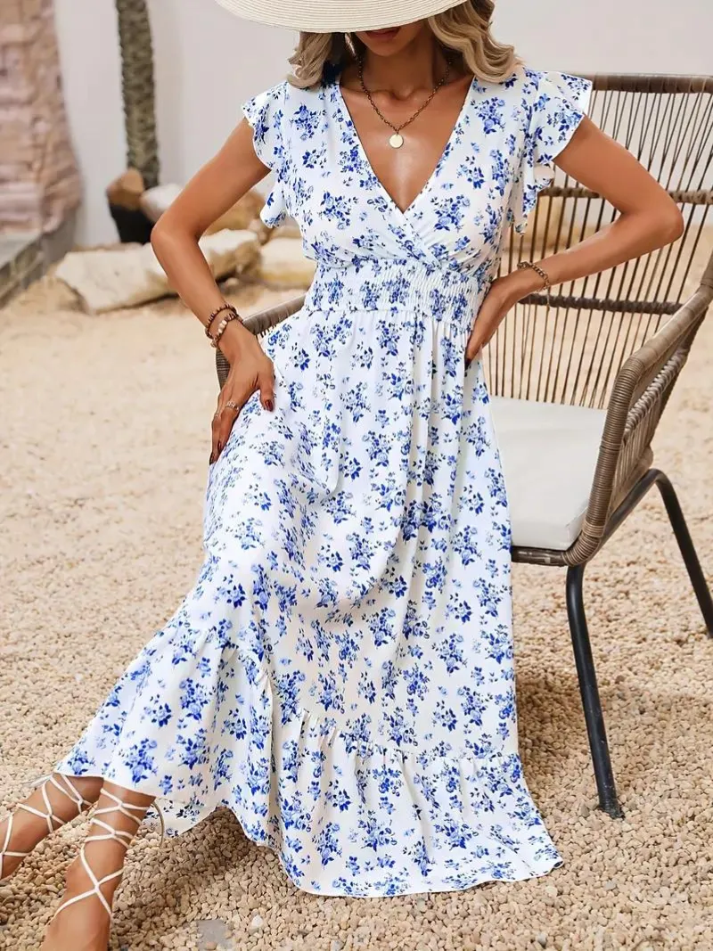 Cassia Midi Floral Dress with Shirred Waist for Summer