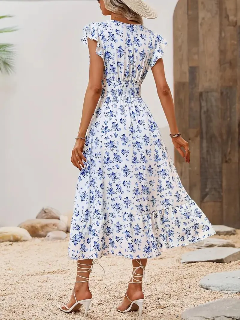 Cassia Midi Floral Dress with Shirred Waist for Summer