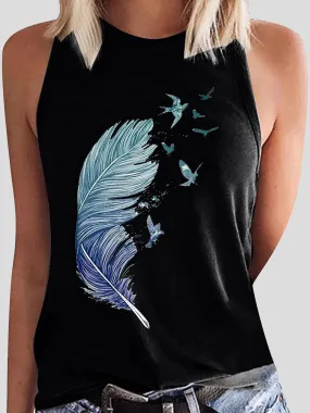 Casual Feather Print Sleeveless Tank Tops