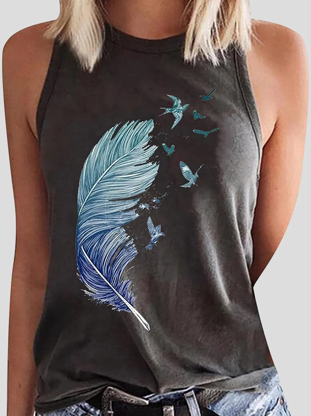 Casual Feather Print Sleeveless Tank Tops