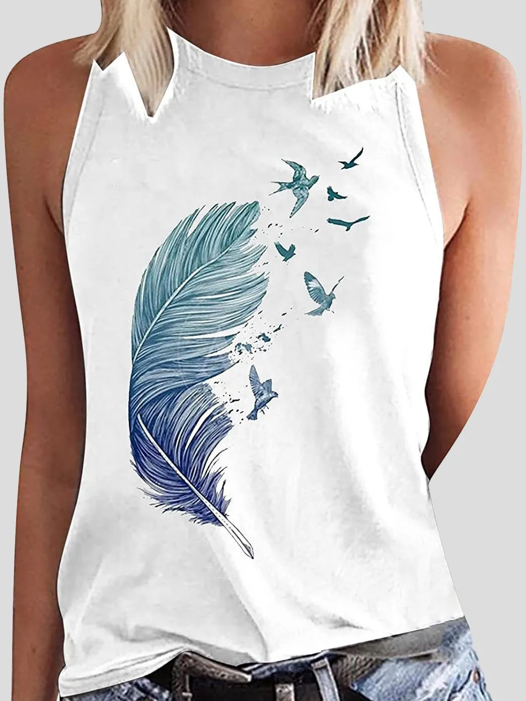 Casual Feather Print Sleeveless Tank Tops