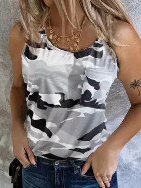 Casual Sleeveless Camouflage Print Tank Tops