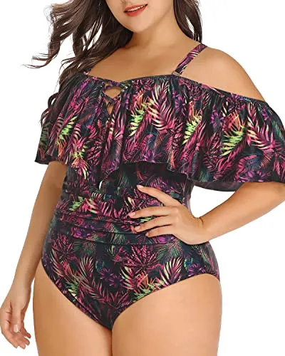 Chic Cross Lace Up Women Plus Size One Piece Swimsuits-Purple Leaf