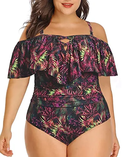 Chic Cross Lace Up Women Plus Size One Piece Swimsuits-Purple Leaf