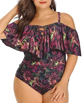 Chic Cross Lace Up Women Plus Size One Piece Swimsuits-Purple Leaf