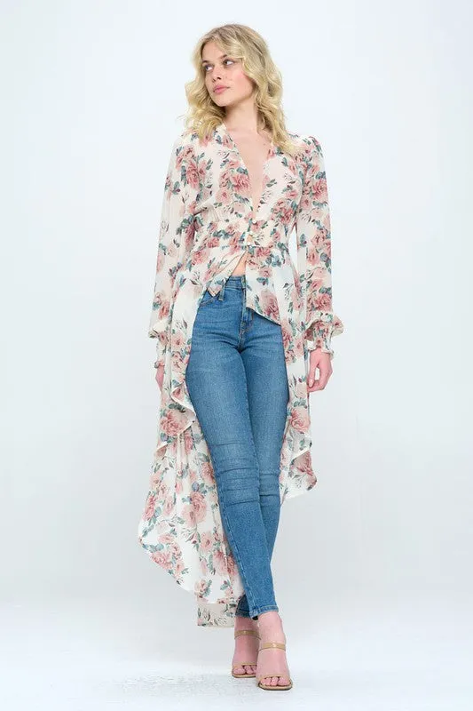 Chiffon floral long sleeve hi low Duster kimono
