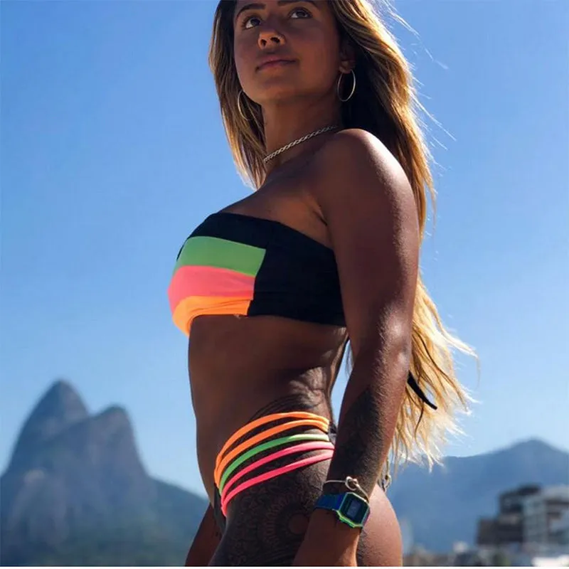 Colorblock Padded Top Thong Bottom Tube Bikinis