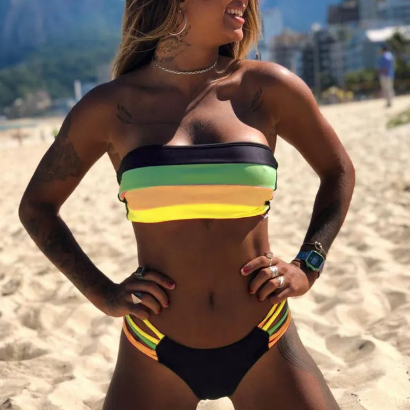 Colorblock Padded Top Thong Bottom Tube Bikinis
