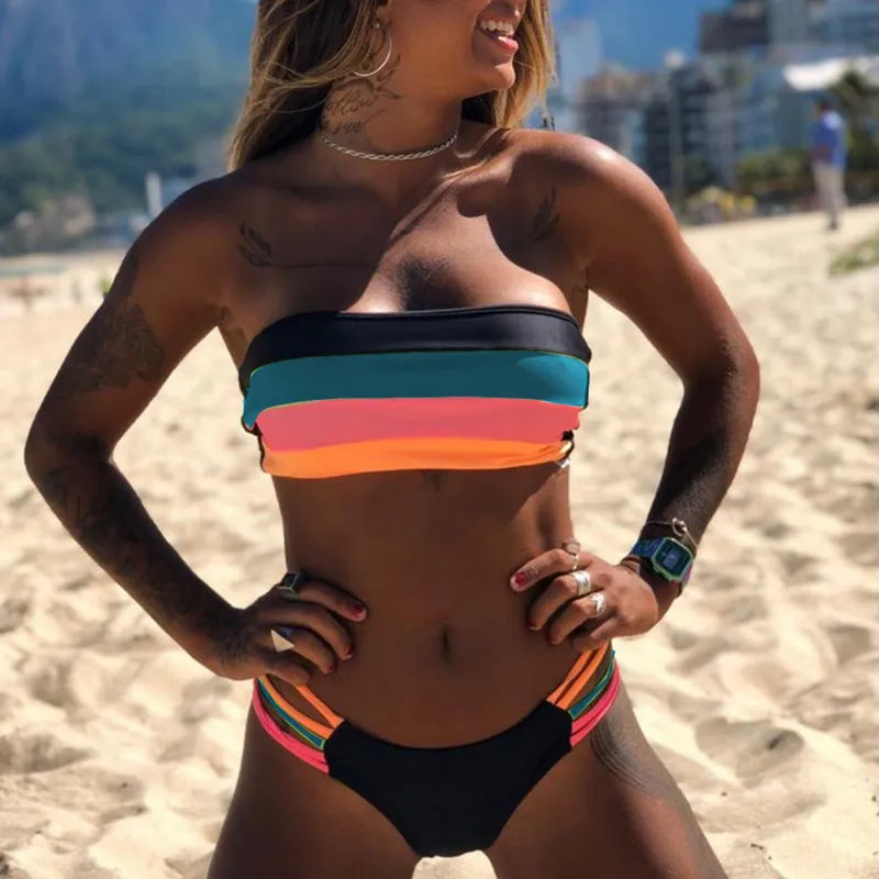 Colorblock Padded Top Thong Bottom Tube Bikinis