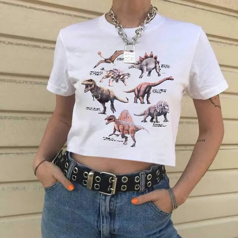 Cool Graphic Prints Jurassic Dinosaur Short Sleeve Crop Top Tee Shirt