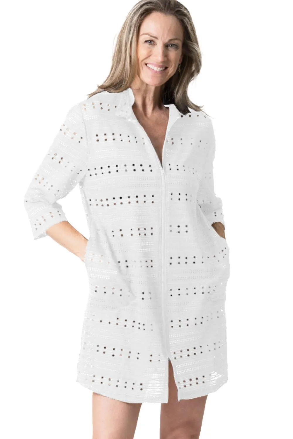 Cover Me Eden Rock Plus 3/4 Sleeves Zipper Swim Cover-Up, White (24057118X)