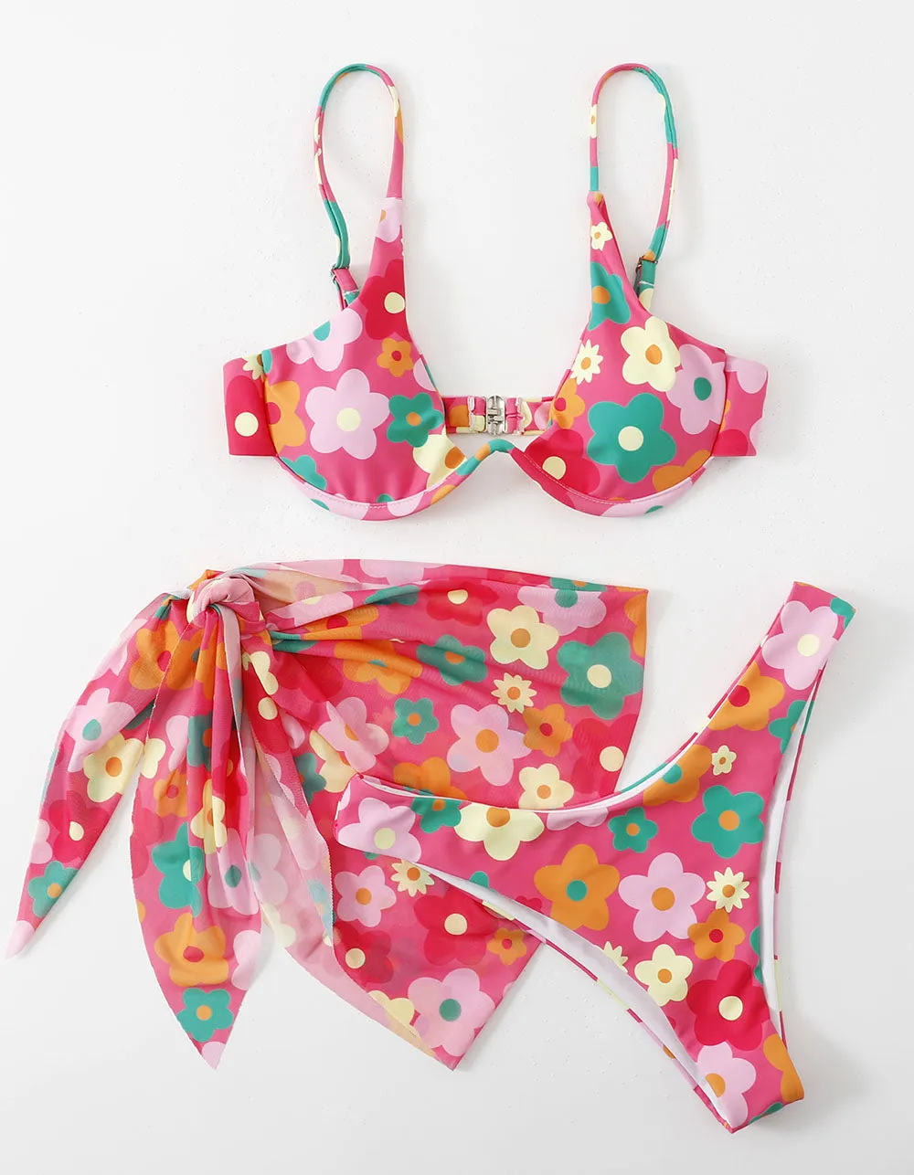 Cows Floral Print Strap Backless Three-piece Bikini Swimwear Sets