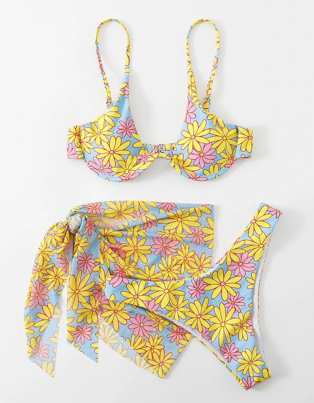 Cows Floral Print Strap Backless Three-piece Bikini Swimwear Sets