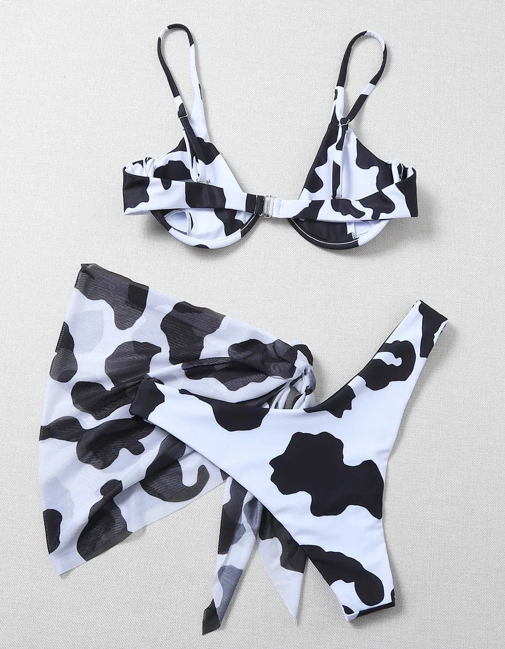 Cows Floral Print Strap Backless Three-piece Bikini Swimwear Sets