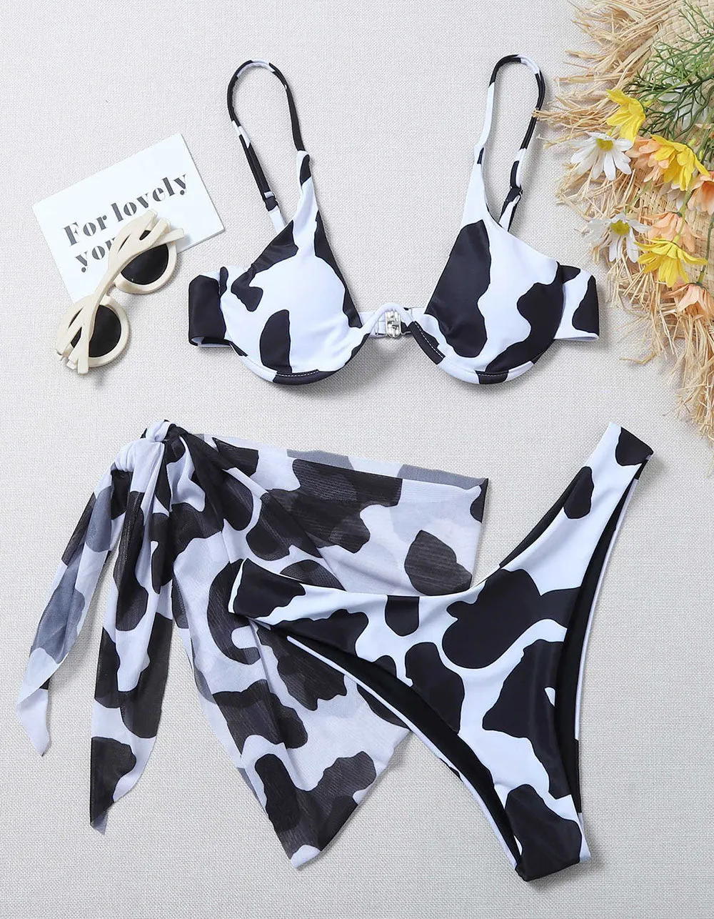 Cows Floral Print Strap Backless Three-piece Bikini Swimwear Sets