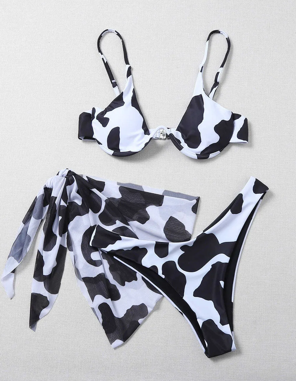 Cows Floral Print Strap Backless Three-piece Bikini Swimwear Sets