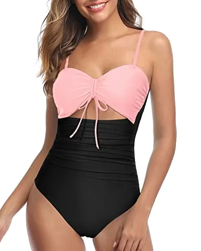 Criss Cross/Vertical Shoulder Straps Swimsuits For Curvy Womens-Pink And Black