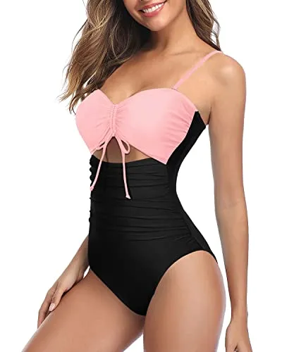 Criss Cross/Vertical Shoulder Straps Swimsuits For Curvy Womens-Pink And Black