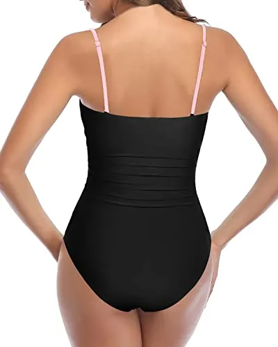 Criss Cross/Vertical Shoulder Straps Swimsuits For Curvy Womens-Pink And Black