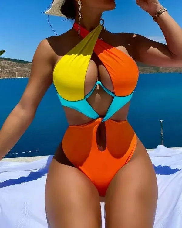 Cutout Backless Halter One-Piece Swimsuit
