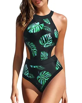 Cutout High Neck One Piece Bathing Suit Tummy Control Swimwear For Teen Girls-Black Leaf