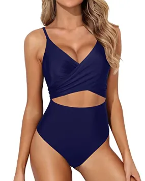 Cutout Monokini Swimsuits Women Tummy Control High Waisted Wrap Cutout-Navy Blue