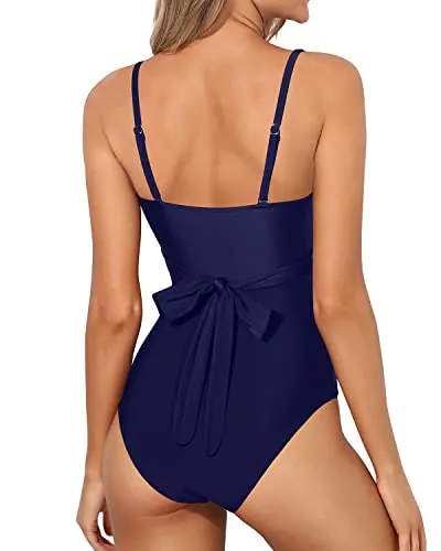 Cutout Monokini Swimsuits Women Tummy Control High Waisted Wrap Cutout-Navy Blue