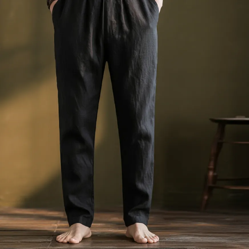 ECHO Men's Pure Linen Pant | 3/4 Elastic Waist | Zipper Pockets