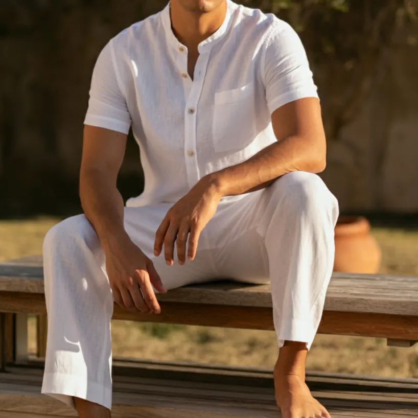 ECHO Men's Pure Linen Pant | 3/4 Elastic Waist | Zipper Pockets
