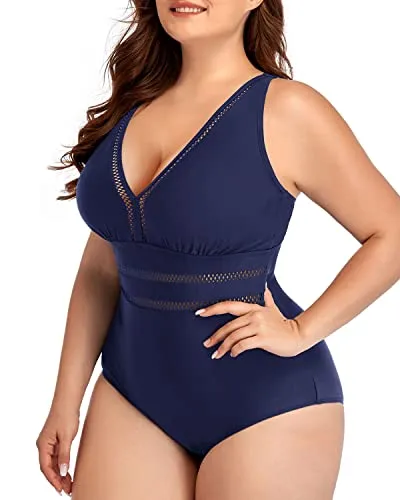 Elegant Full Coverage Plus Size One Piece Backless Swimwear-Navy Blue