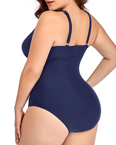 Elegant Full Coverage Plus Size One Piece Backless Swimwear-Navy Blue