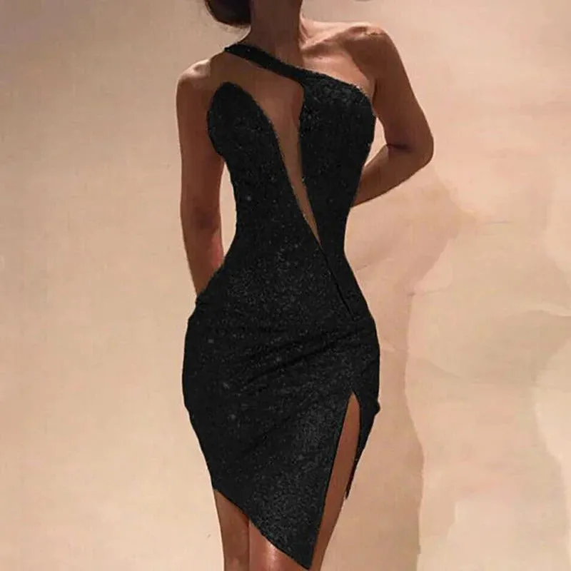 Elegant Ladies Sleeveless Irregular Designer Dress Sexy Slant Neck Sequin Hip Wrap Dress Fashion One Shoulder Slim Split Dresses