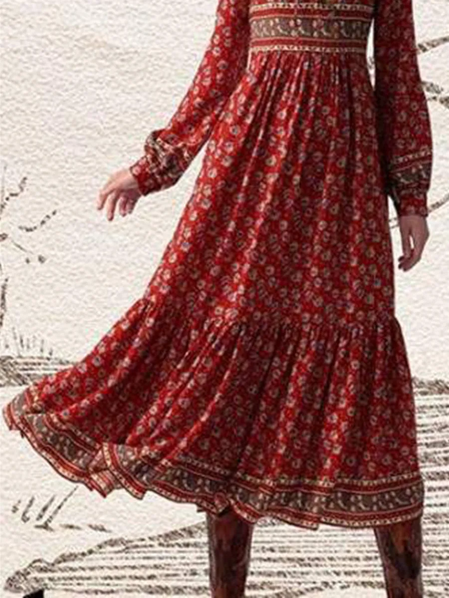 Fashion Bohemian Red Printed Long Sleeve Dress