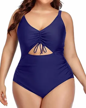 Fashionable Cutout V Neck Monokini Swimsuit For Curvy Women-Navy Blue