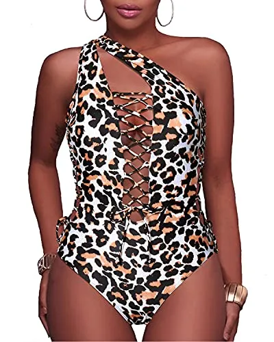 Flattering Lace Up Strappy Cutout Swimwear-Leopard