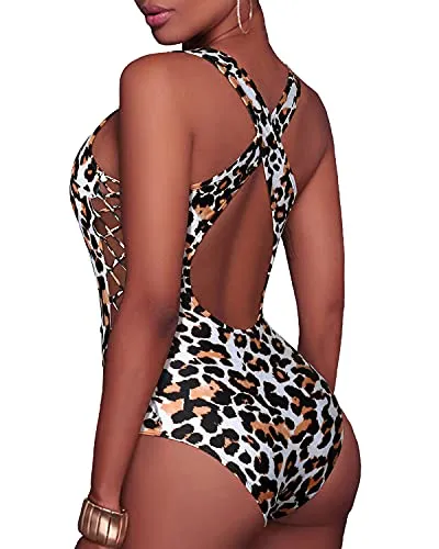 Flattering Lace Up Strappy Cutout Swimwear-Leopard