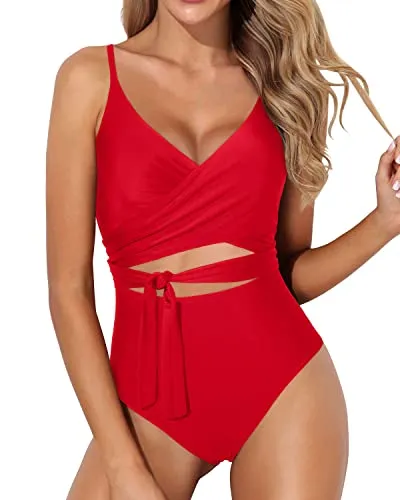 Flattering Tummy Control One Piece Swimsuits For Women-Red