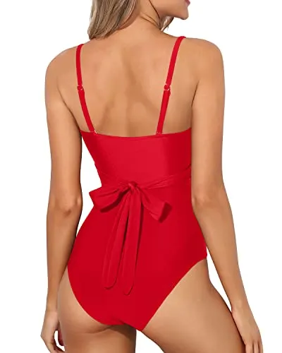 Flattering Tummy Control One Piece Swimsuits For Women-Red