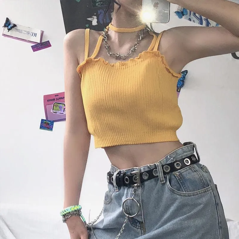 Flower Embroidery Knitted Crop Tops Camis Strappy Tanks Cute