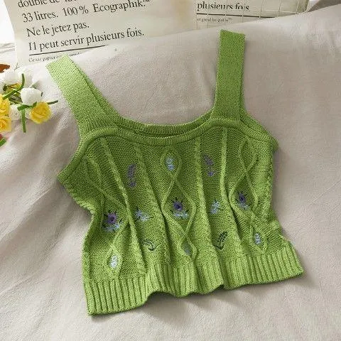Flower Embroidery Knitted Crop Tops Camis Strappy Tanks Cute