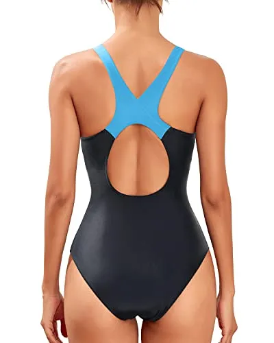 Full Coverage One Piece Swimsuits Scoop Neck For Women-Black Red Blue